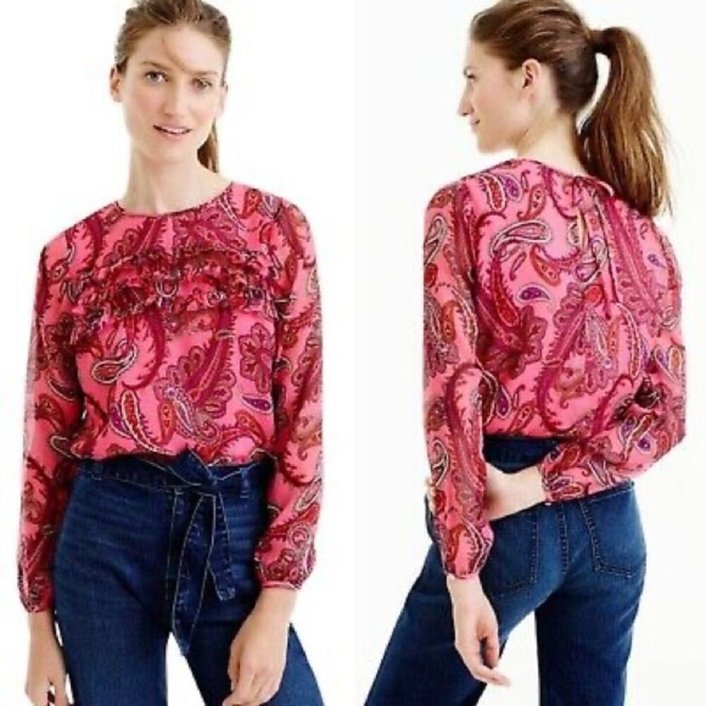 J. Crew Ruffle-Front Paisley Silk Top Pink Size 6 Long Sleeve